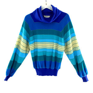Vintage 1980s Striped Turtleneck Sweater Sz S Womens Blue Multicolor Gold Accent